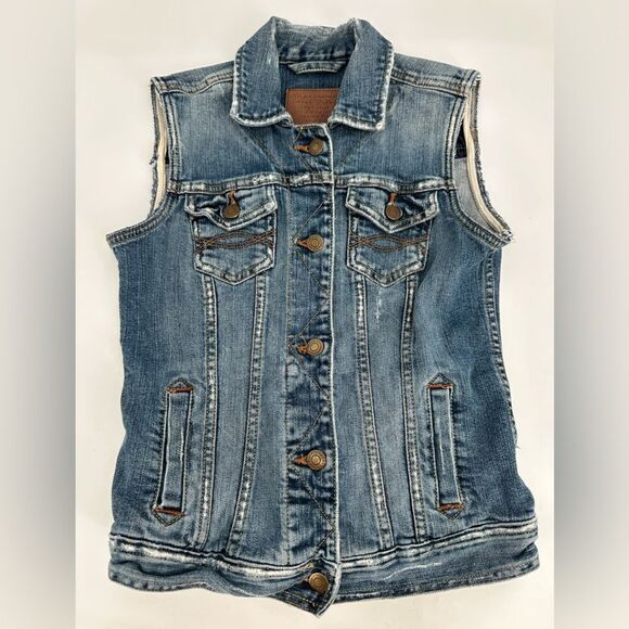 Vtg 90s Abercrombie & Fitch Light Wash Distressed Denim Trucker Vest XS - Picture 1 of 5